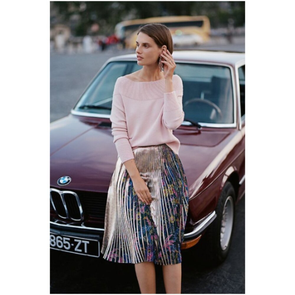 NWT Anthropologie Maeve Metallic Gold Foil Pleated Midi Skirt Size 6